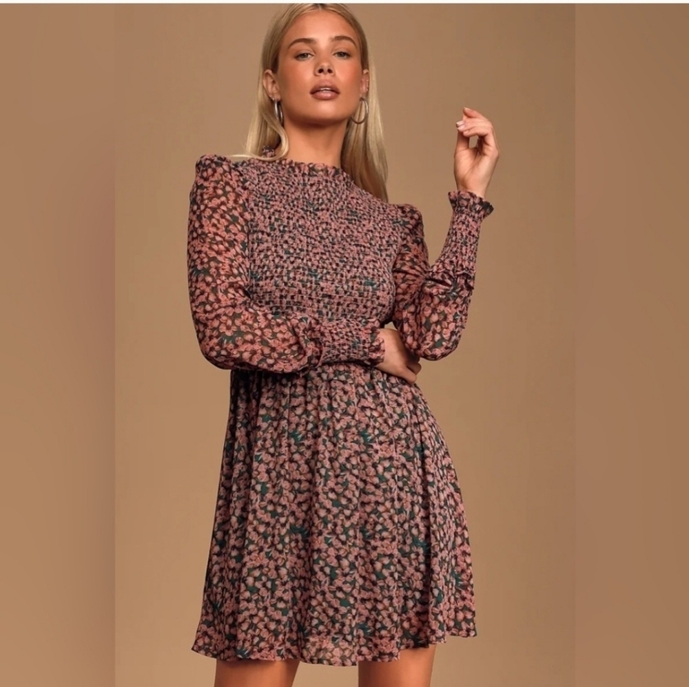 Lulus Floral Forever Smocked Long Sleeve Skater Dress